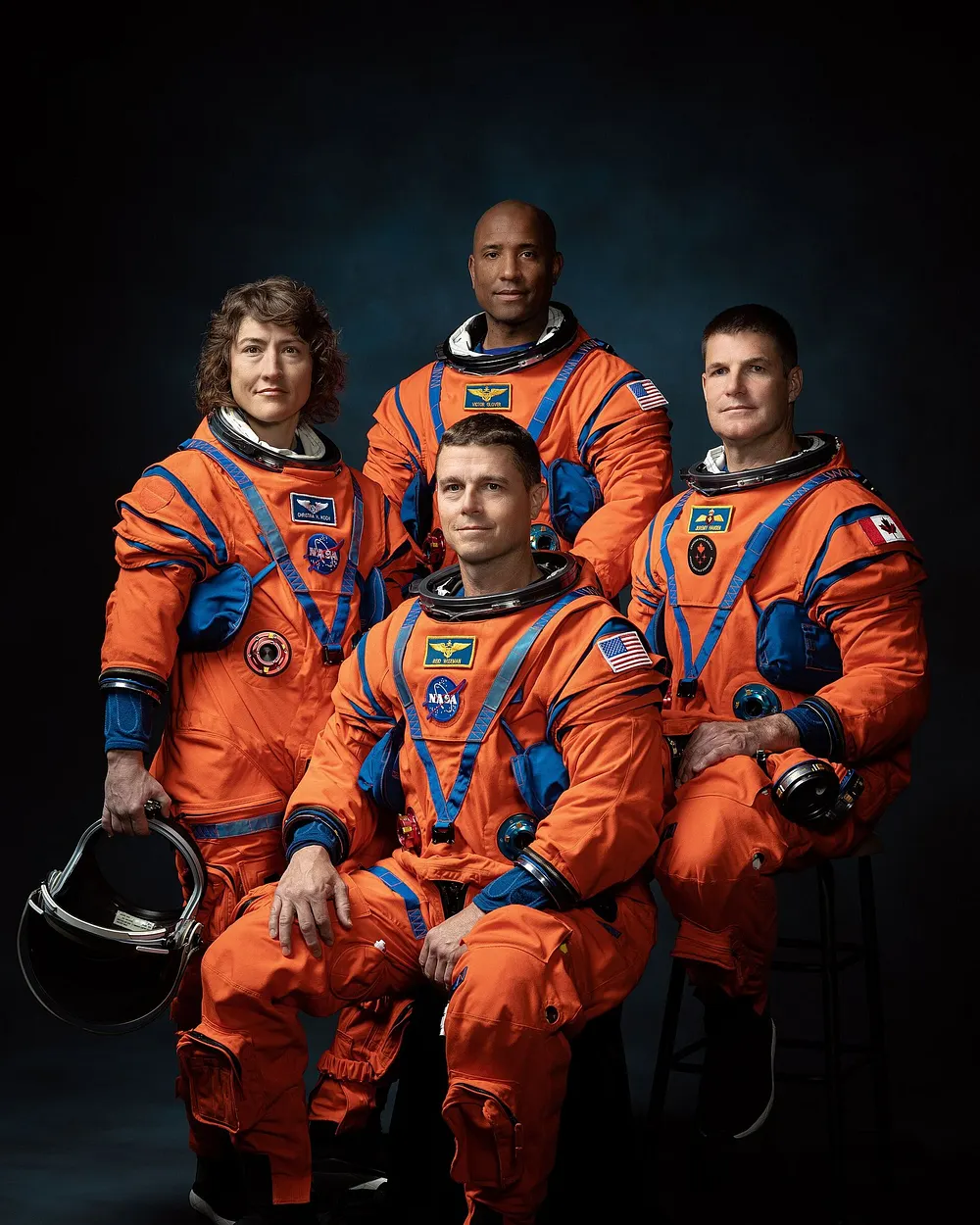 Official Artemis II crew portrait, 29 March 2023. Clockwise from left: NASA astronauts Christina Koch and Victor Glover, CSA astronaut Jeremy Hansen, and NASA astronaut Reid Wiseman.
