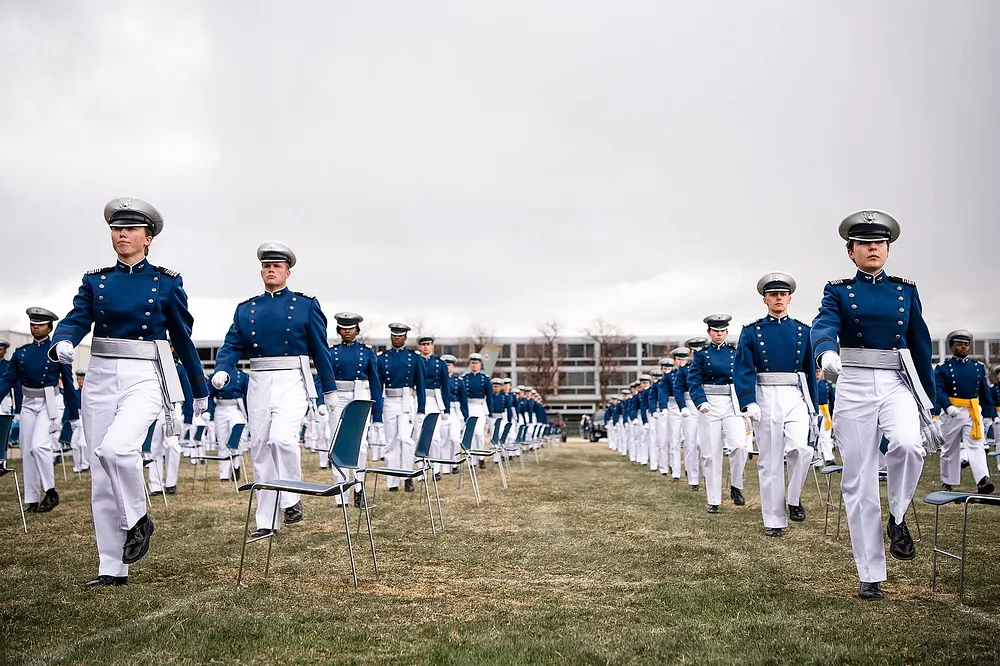 Cadets entering the U.S. Space Force march onto the terrazzo at the U.S. Air Force Academy Class of 2020 graduation in Colorado Springs, Colorado, 18 April 2020.