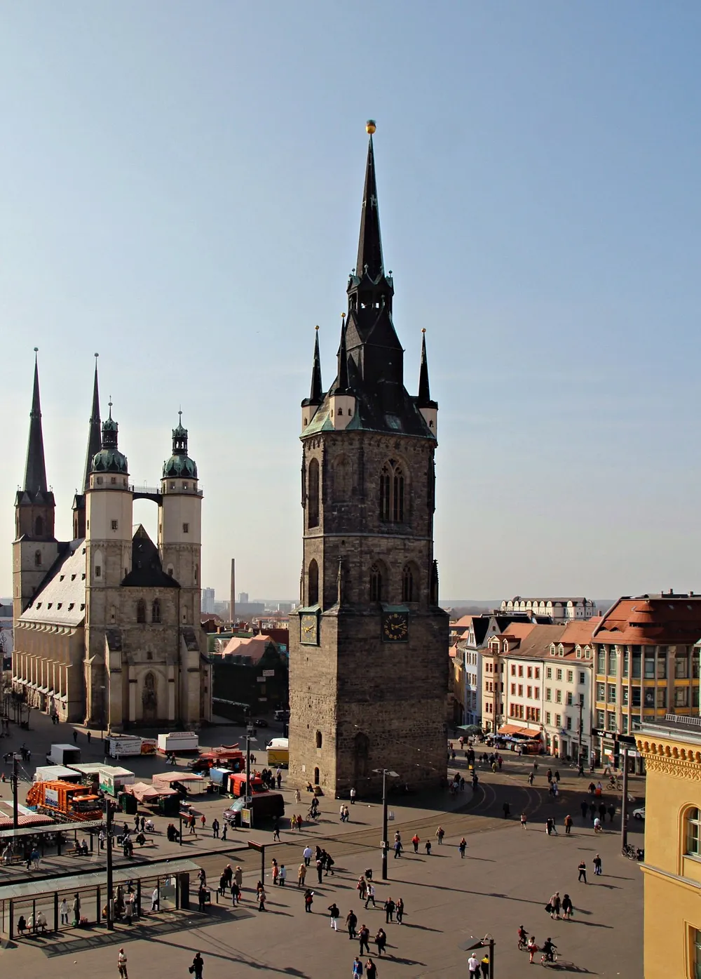 Marktplatz in Halle (Saale), Saxony-Anhalt, 25 March 2012, with the Marktkirche at left and the Rote Turm at right.