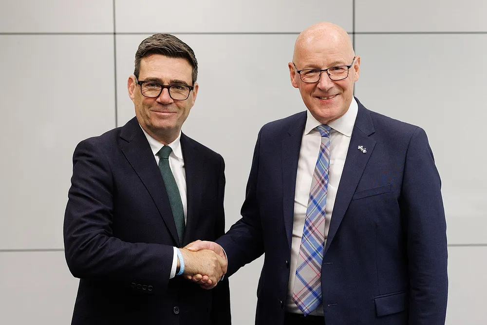 Prime Minister Andy Burnham in a bilateral meeting with Scotland's First Minister John Swinney in Glasgow, 23 July 2026.