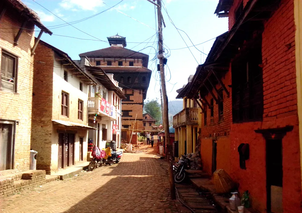 The market at Nuwakot in Nuwakot District, Nepal, with the seven-storey palace in the middle, 28 May 2014.