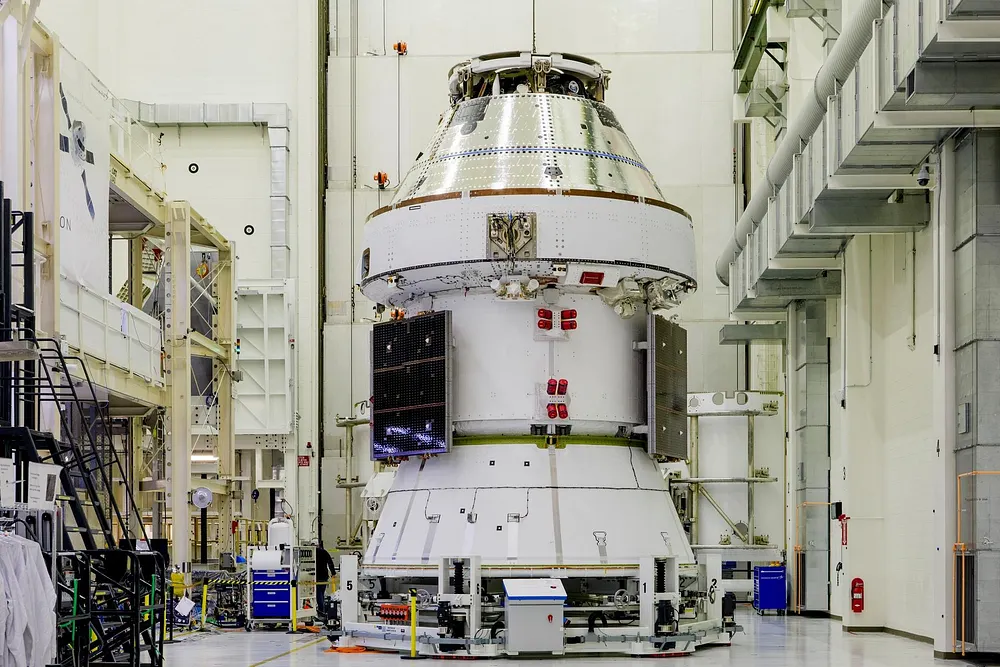 The four solar array wings for the Artemis II Orion spacecraft are installed inside the Operations and Checkout Building at Kennedy Space Center, Florida, 7 March 2025.