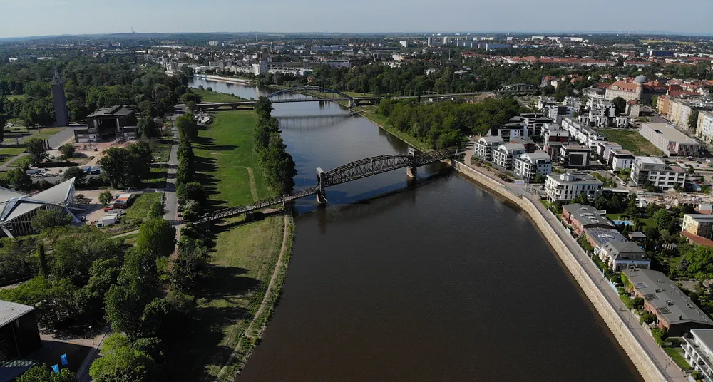 Magdeburg, the Elbe, and the Hubbrucke looking south, 16 May 2022.