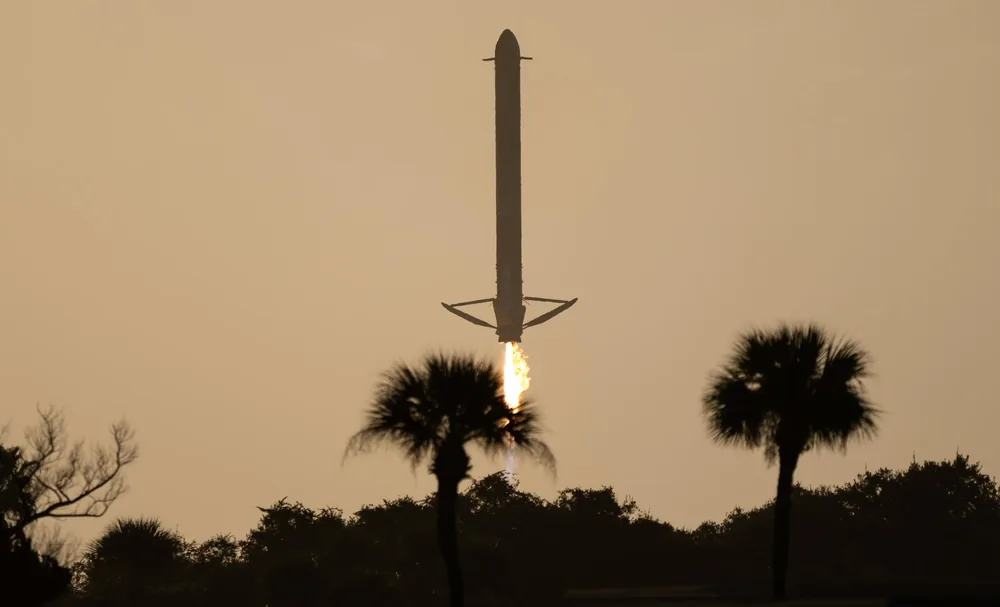 A SpaceX Falcon Heavy side booster lands at LZ-2 after launching NASA's Nancy Grace Roman Space Telescope from Kennedy Space Center, Florida, 30 August 2026.