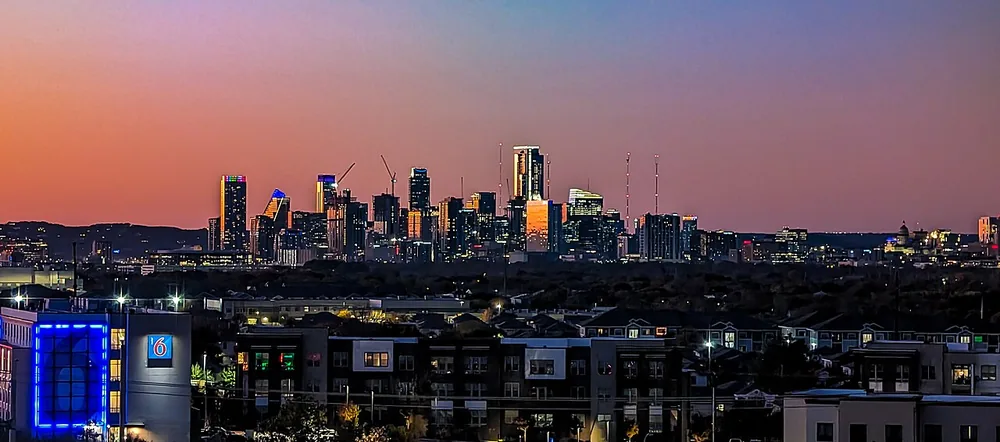 The Austin, Texas, skyline in the evening, 4 December 2023.