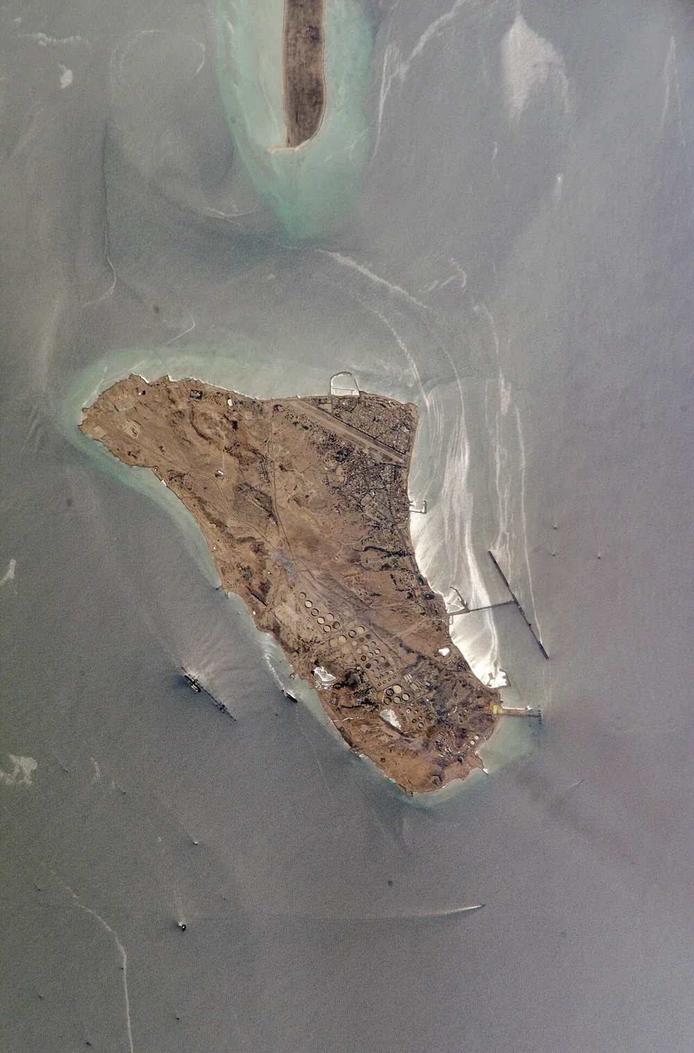 Kharg Island, Iran primary oil export terminal in the Persian Gulf, photographed from the International Space Station.