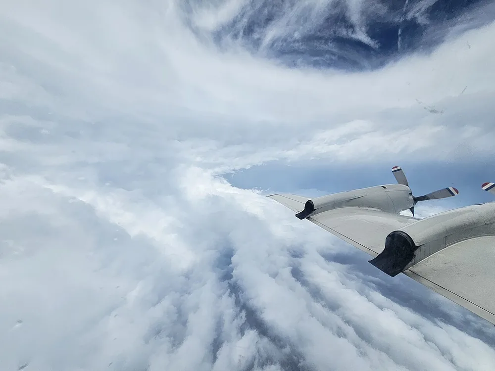 Inside the eye of Hurricane Lowell from NOAA Hurricane Hunter aircraft NOAA43, 2 September 2026.