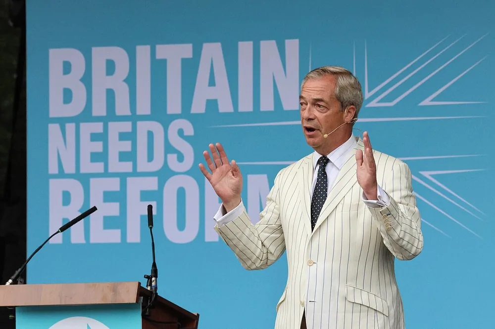 Nigel Farage at a Reform UK rally at Trago Mills, Devon, 24 June 2024.
