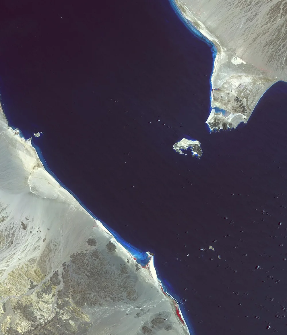 The Bab el-Mandeb Strait between Africa and Arabia in an ASTER satellite image, 10 April 2017.