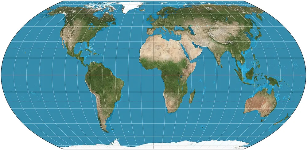 World map in the Equal Earth projection, 15 September 2018.