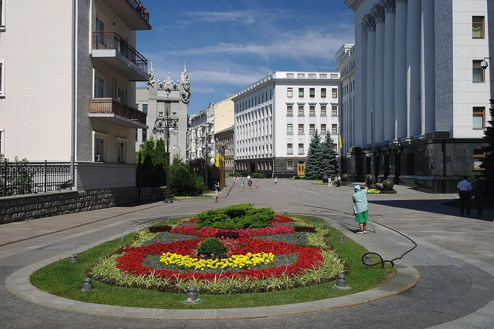 The Presidential Administration building on Bankova Street in Kyiv, Ukraine.