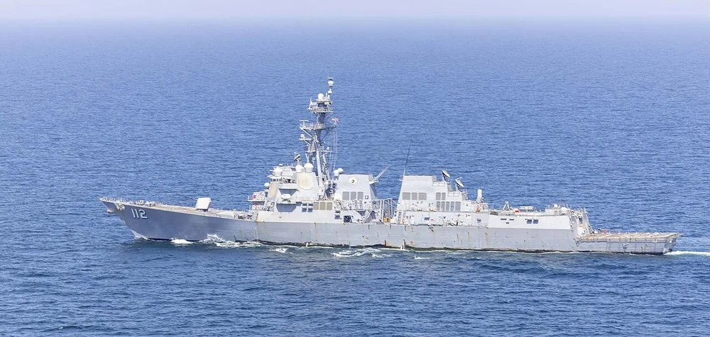 The Arleigh Burke-class destroyer USS Michael Murphy (DDG 112) patrols the Arabian Sea in support of the blockade on ships entering or exiting Iranian ports, 20 April 2026.
