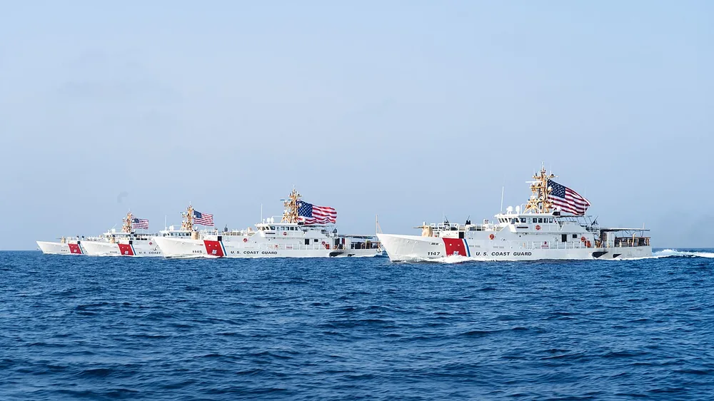 USCGC Glen Harris, John Scheuerman, Emlen Tunnell and Clarence Sutphin Jr. transit the Strait of Hormuz, 22 August 2022.