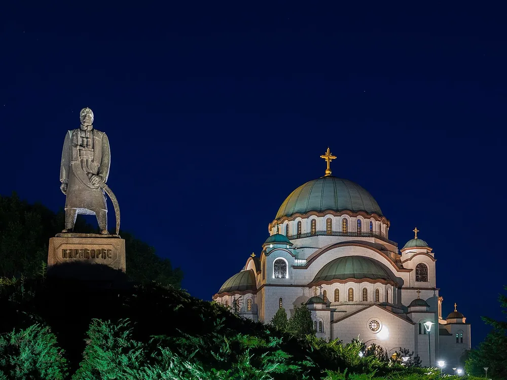 The Church of Saint Sava in Belgrade, Serbia, with the monument to Karađorđe in the foreground.