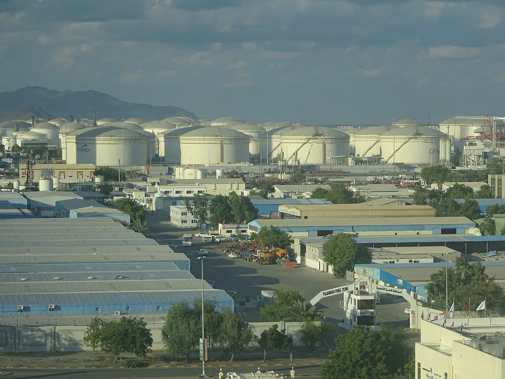 Oil storage tanks at the Port of Fujairah on the Gulf of Oman, United Arab Emirates.