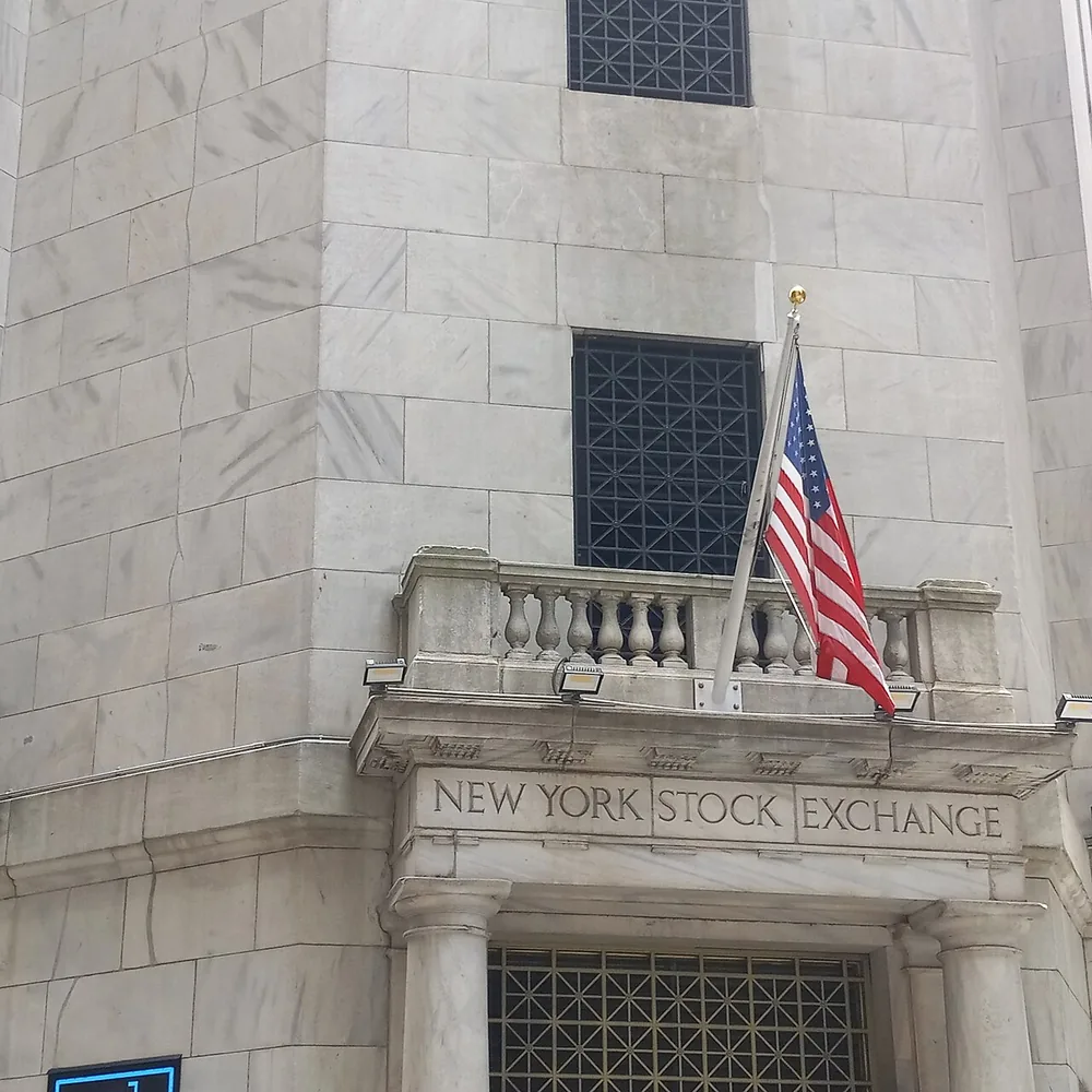 The New York Stock Exchange facade on Wall Street in June 2024.