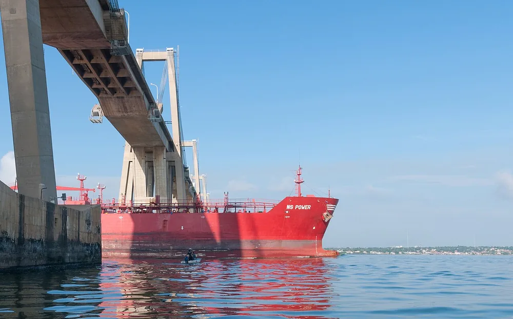 An oil tanker crossing the bridge over Lake Maracaibo in Venezuela.