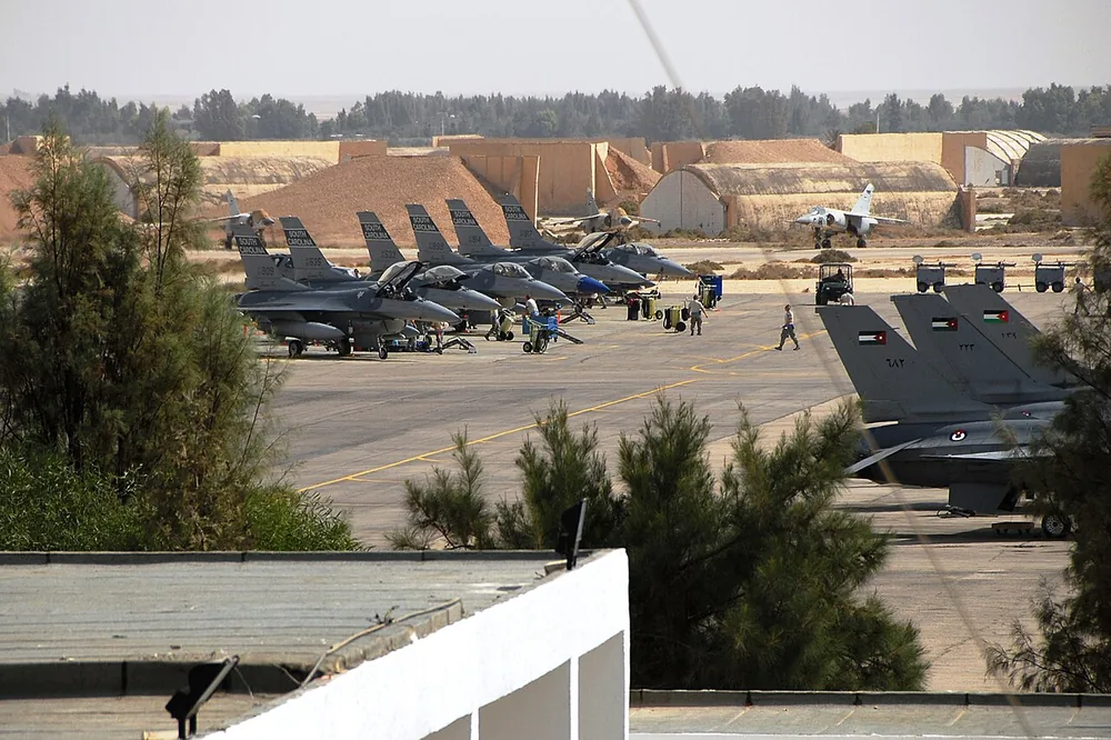 Jordanian F-16 Fighting Falcons on the ramp at Muwaffaq Salti Air Base in Jordan.
