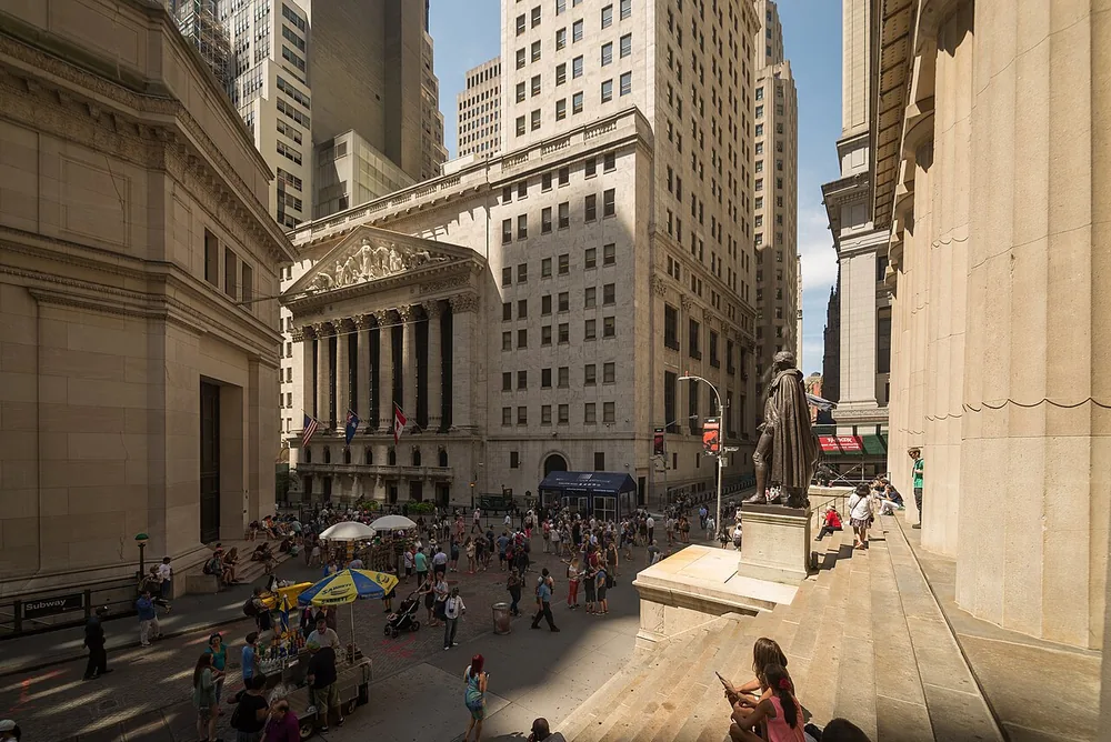 The New York Stock Exchange facade on Wall Street in August 2017.