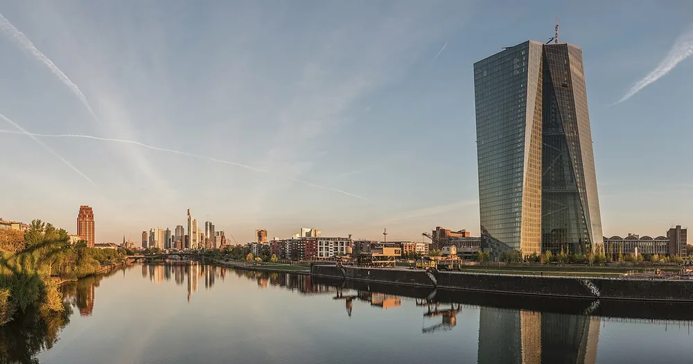 The European Central Bank headquarters and Frankfurt skyline at dawn on 22 April 2015.
