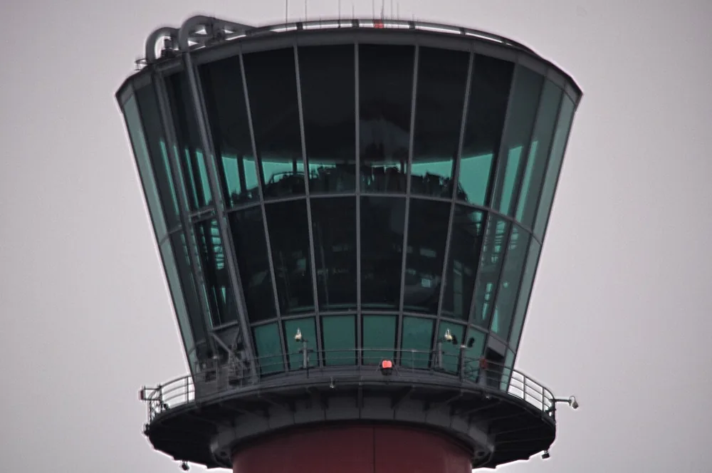 The air-traffic control tower at London Heathrow Airport.