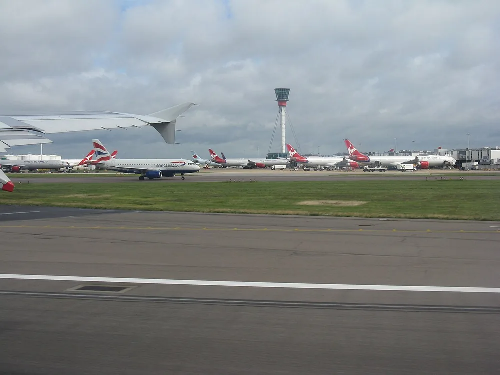 The air-traffic control tower at London Heathrow Airport.