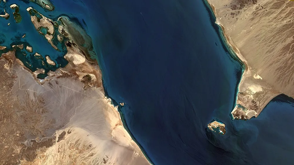 Satellite view of the Bab al-Mandeb Strait between the Red Sea and the Gulf of Aden.