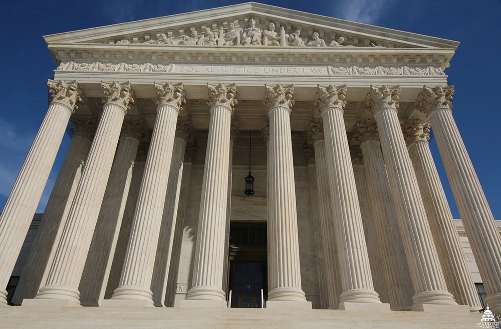 The west facade of the United States Supreme Court Building after restoration.