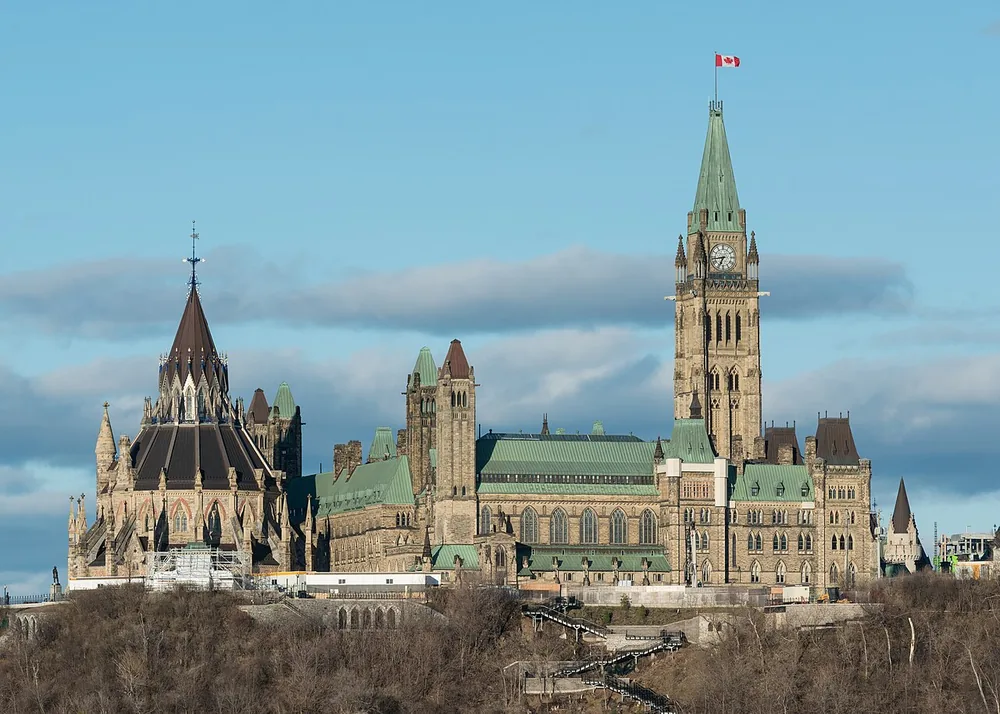 Centre Block and the Library of Parliament on Parliament Hill in Ottawa, Canada, from the west.