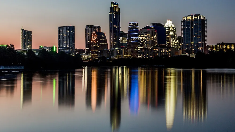 The Austin, Texas, skyline at evening from Lady Bird Lake.