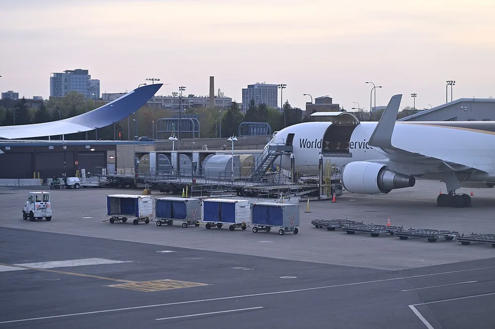 A UPS 767-300F freighter unloading at Boston in April 2025.