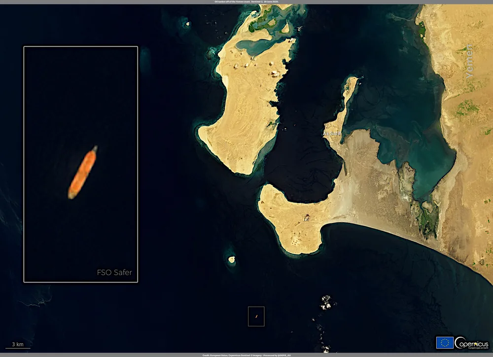 An oil tanker sits off the Yemen coast in a Copernicus Sentinel-2 satellite view.