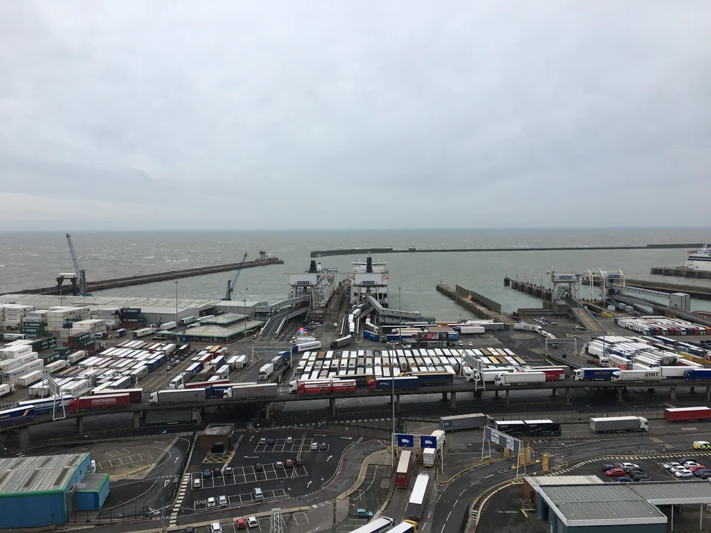 A wide view of the Port of Dover in Kent, England.