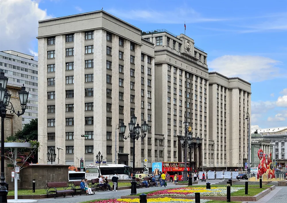 The State Duma building (former Council of Labor and Defense) on Okhotny Ryad in Moscow, photographed 9 July 2016.