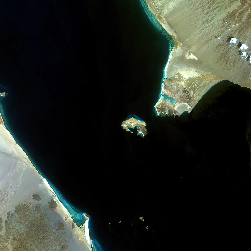 Bab el-Mandeb Strait at the Red Sea exit to the Gulf of Aden, with Perim Island near center, in a CBERS-4 true-color view from 18 September 2019.