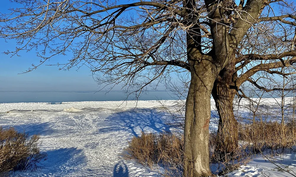 The partially frozen shore of Lake Ontario at Durand Eastman Park in Rochester, New York, 31 January 2022.