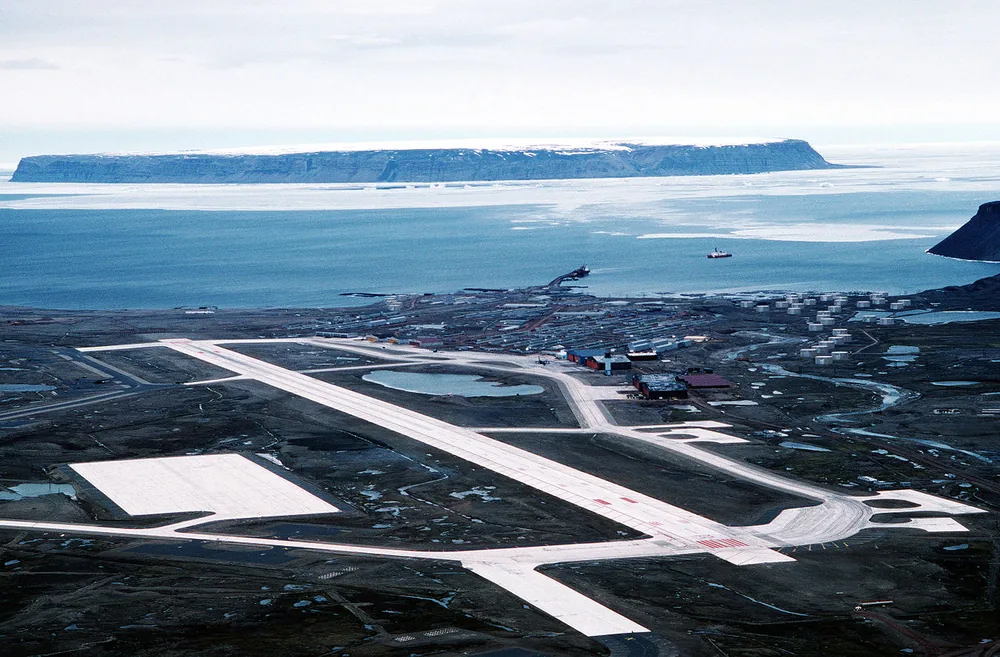 An aerial view of Thule Air Base (now Pituffik Space Base) in northern Greenland, 9 July 1989.