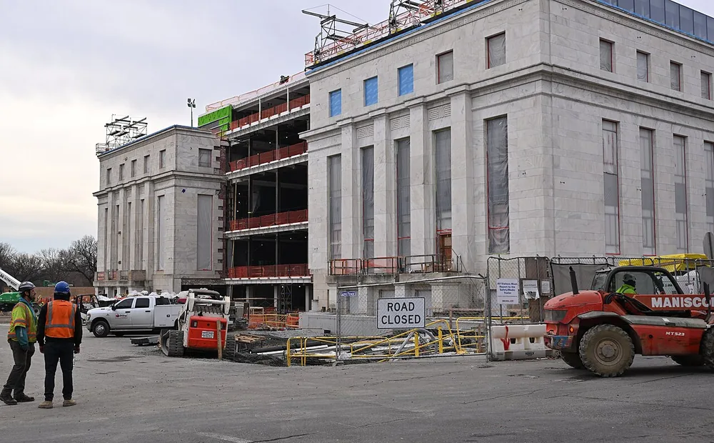 The Marriner S. Eccles Federal Reserve Board Building in Washington, D.C., during exterior work, 17 December 2025.