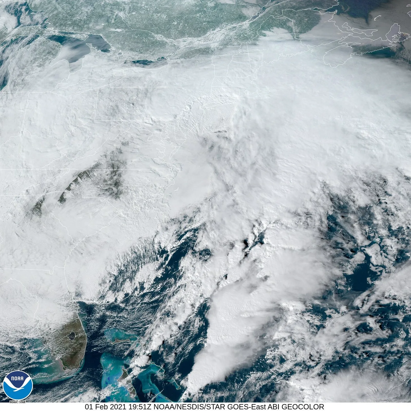NOAA satellite view of an intense nor'easter over the northeastern United States, 1 February 2021.
