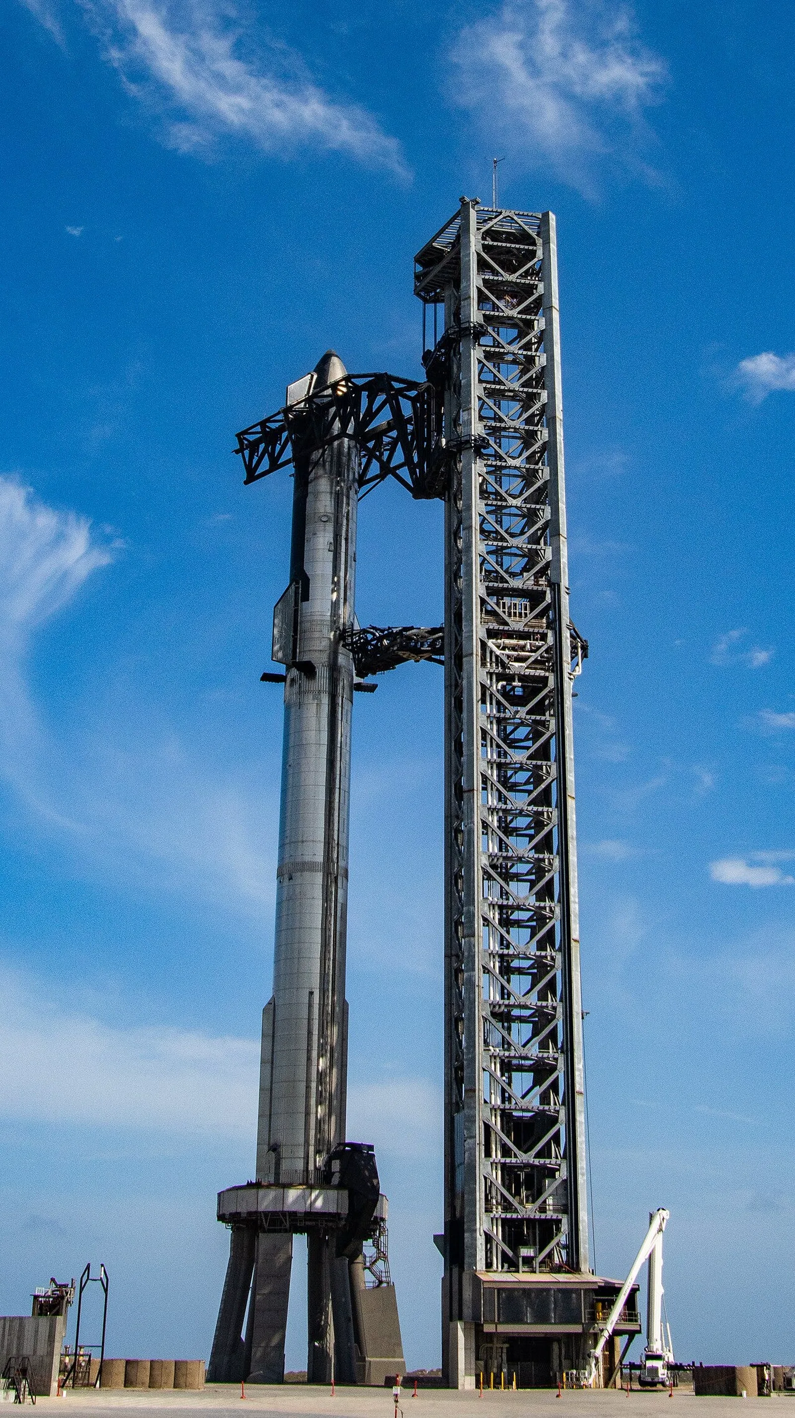 SpaceX Starship stacked on Super Heavy at the Boca Chica launch pad. SpaceX's Starship reached orbit for the first time,